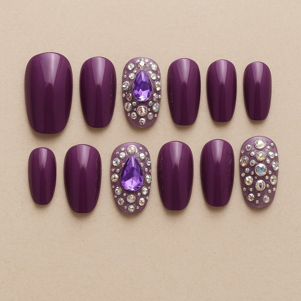 BN Beauty Nakede 3D Nail Art – 12pcs Luxury Purple & Silver Rhinestone Press-On Nails